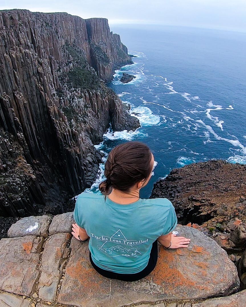 looking at the dolerite stacks and the ocean on the Cape Raoul hike in the Tasman Peninsula