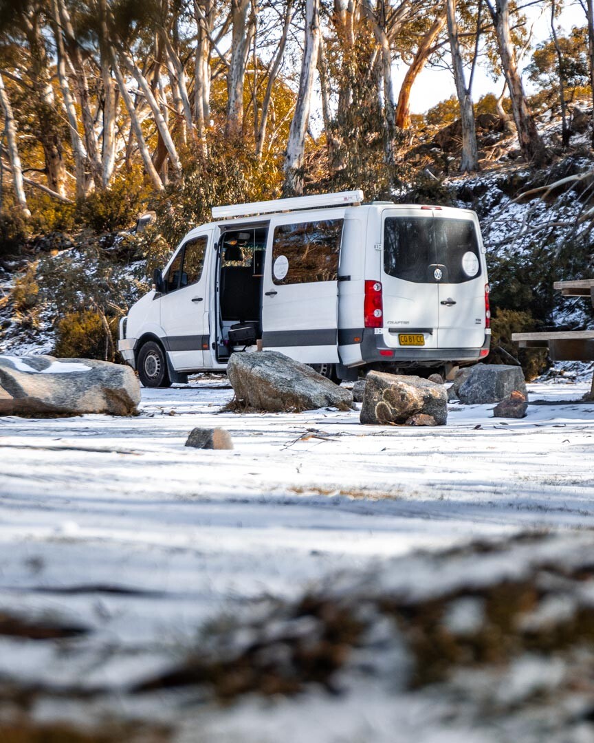 Camping in Thredbo at Island Bend Campground in our camper van