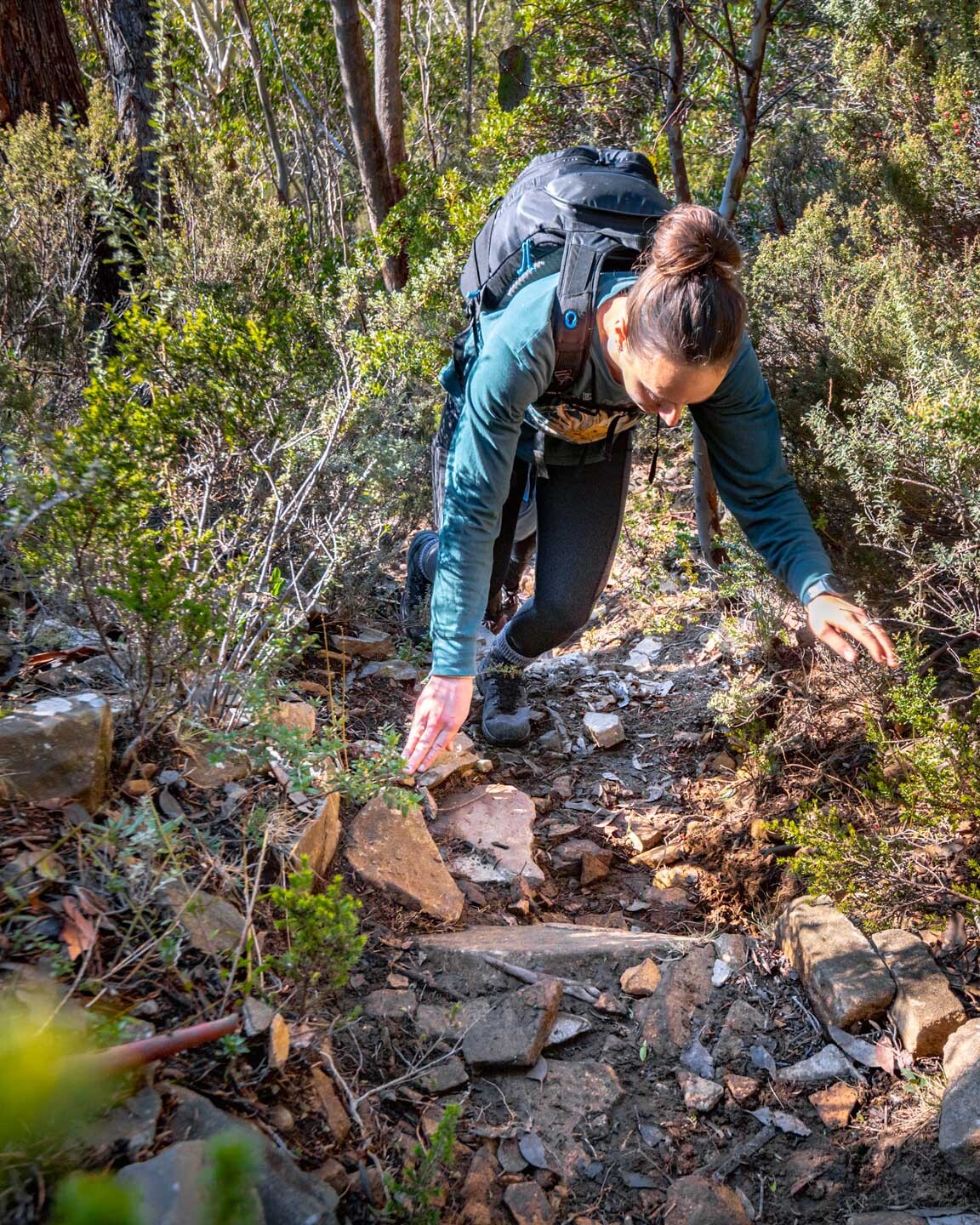 Climbing through the steep and rough scree while hiking up Mt Saddleback Tasmania