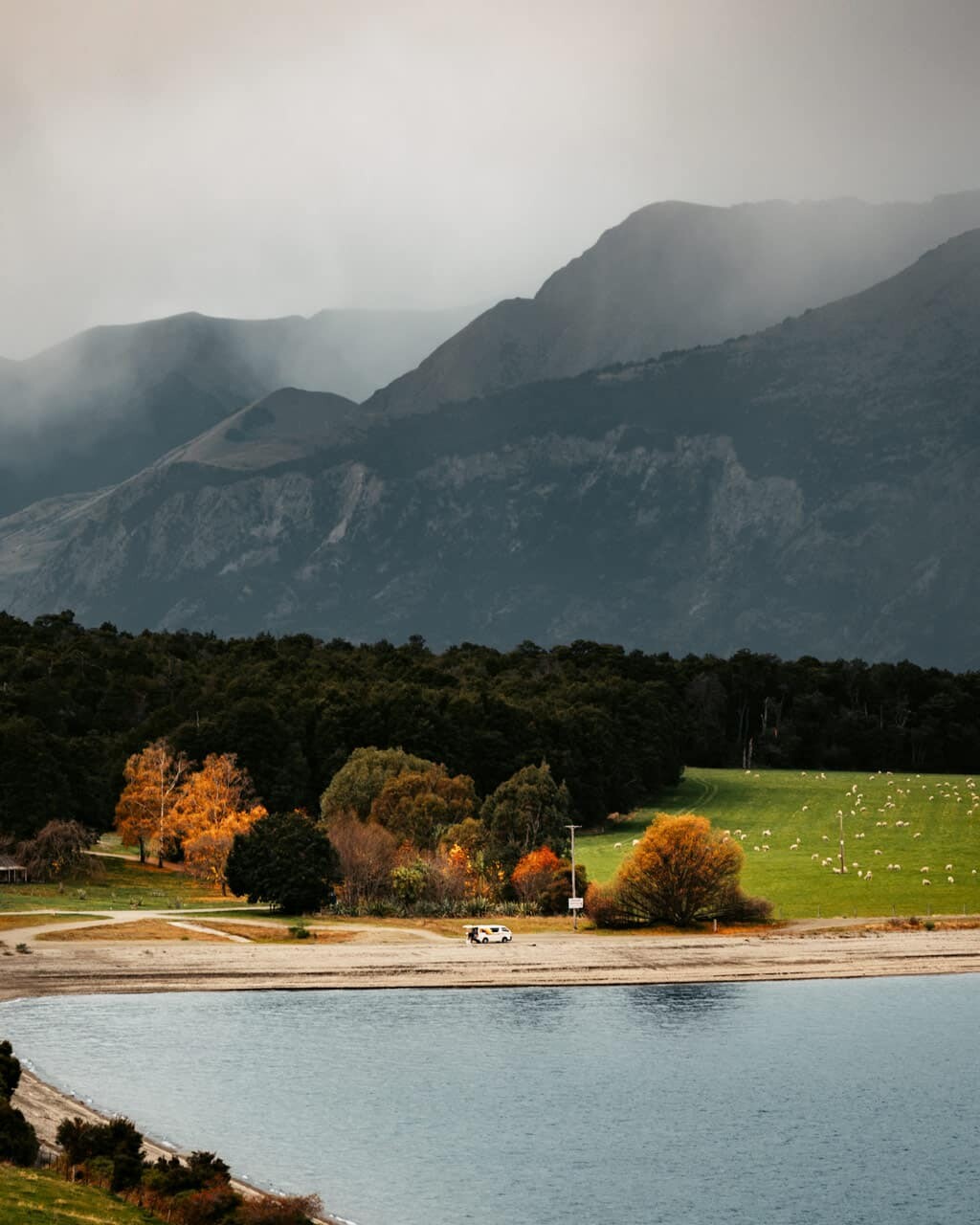 Kidds Camp DOC Campsite near Wanaka on an overcast day