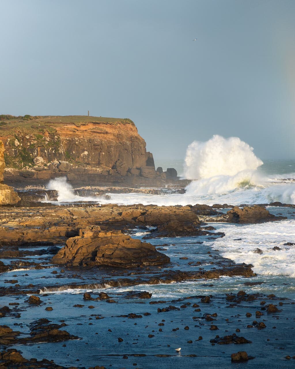 Rainbow shining over Curio Bay being hammered with wild surf in the Catlins