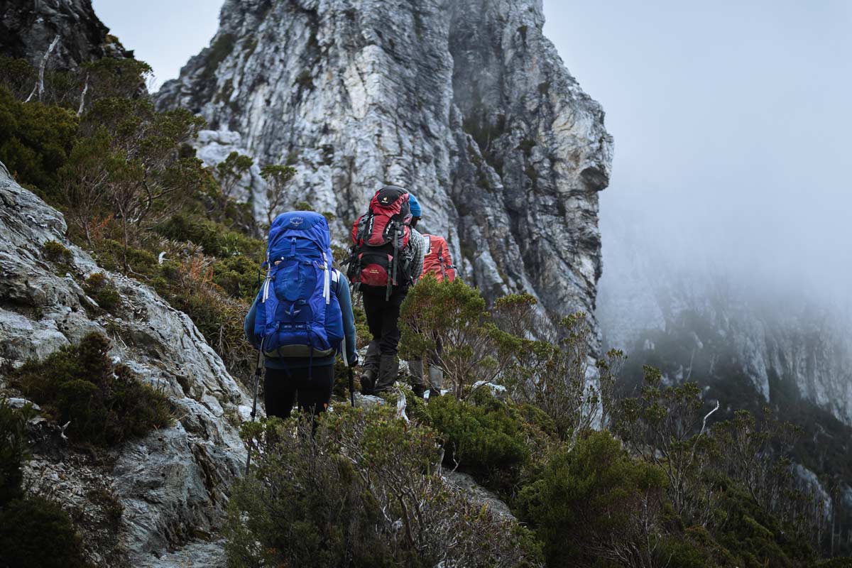 Hiking through thick fog in Tasmania