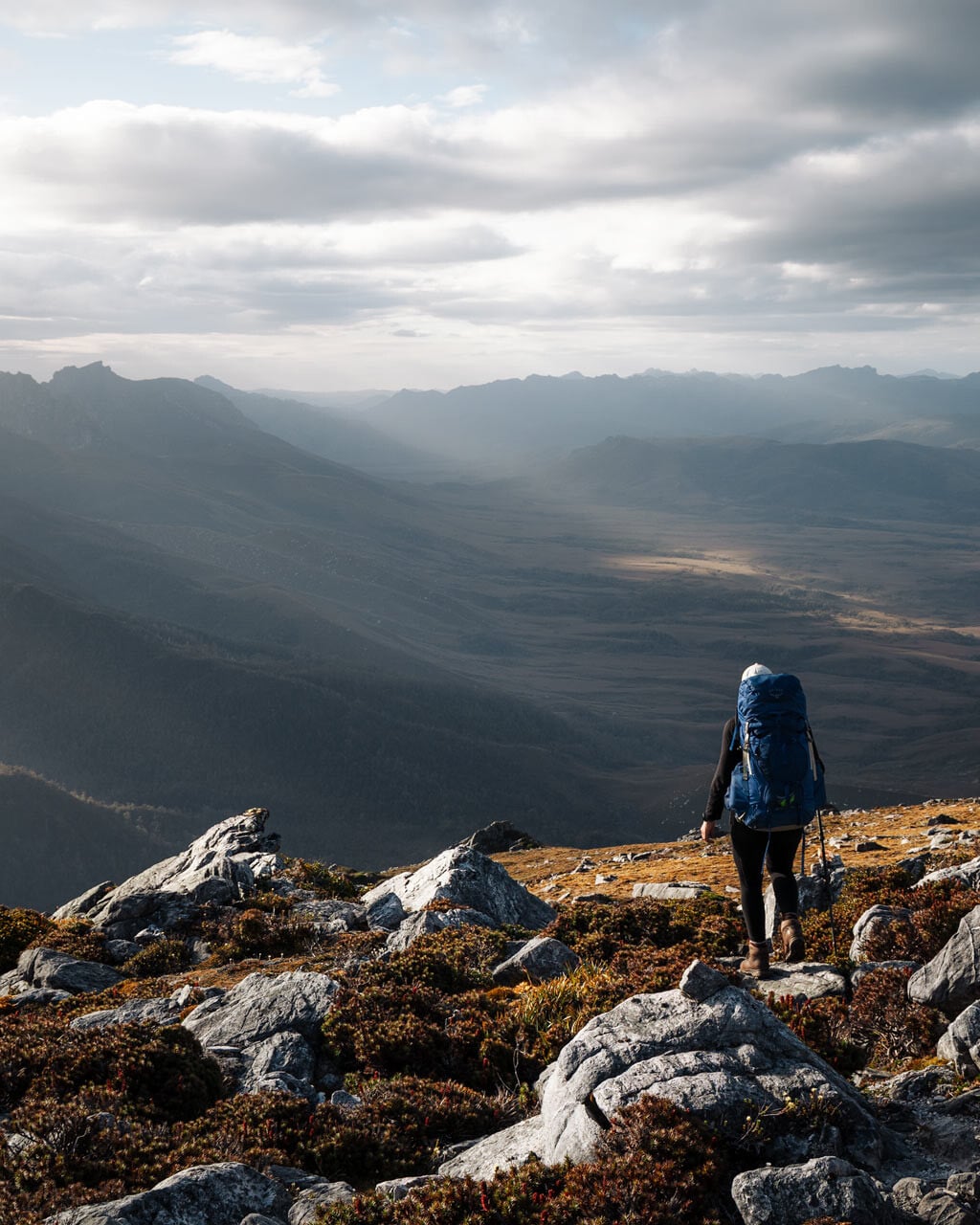 Hiking the Western Arthurs in Tasmania on a moody sunset